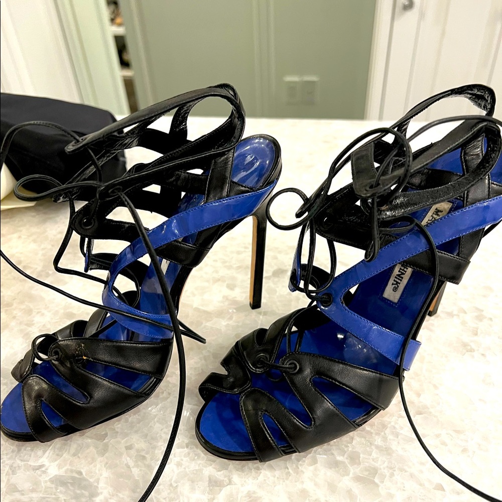 MANOLO BLAHNIK Netochka Lace-Up Cage Sandal Heels, Blue and Black Leather
